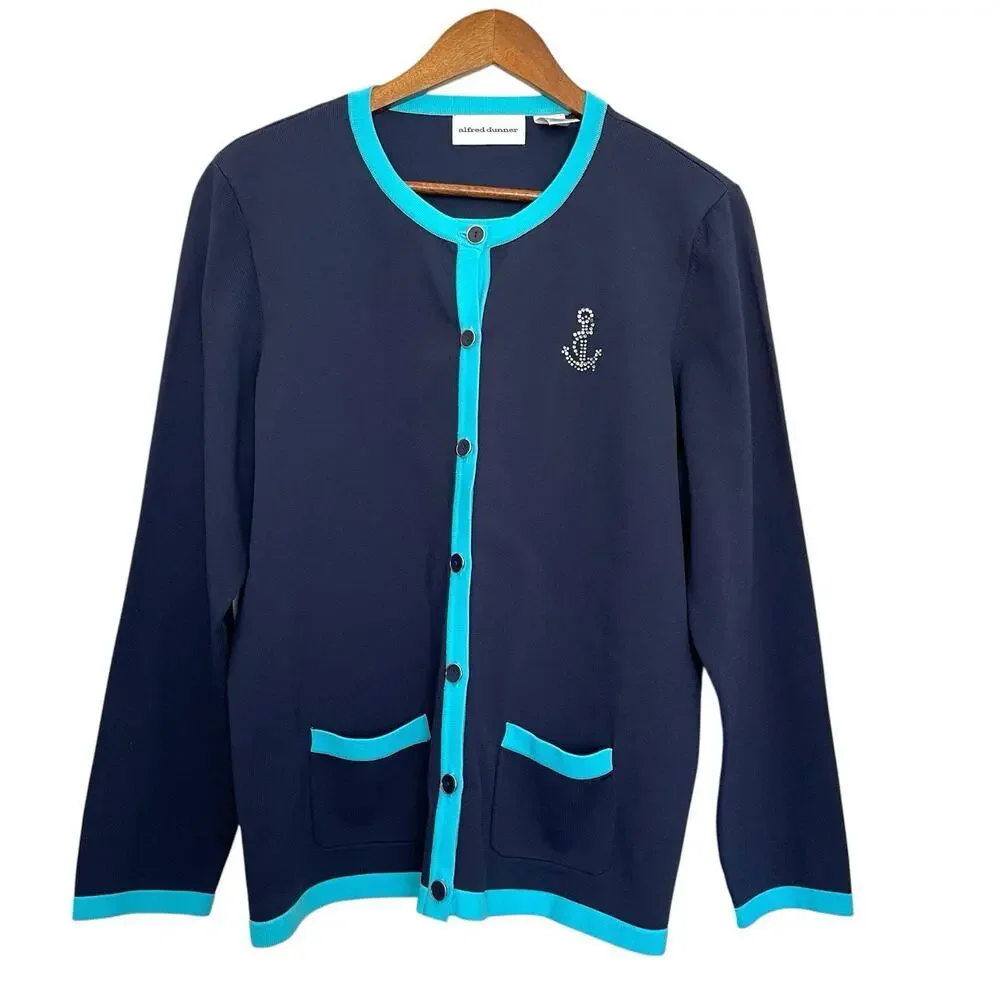 Alfred Dunner Sweater Cardigan Built In‎ Shirt Top Size L Blue Nautical Coastal
